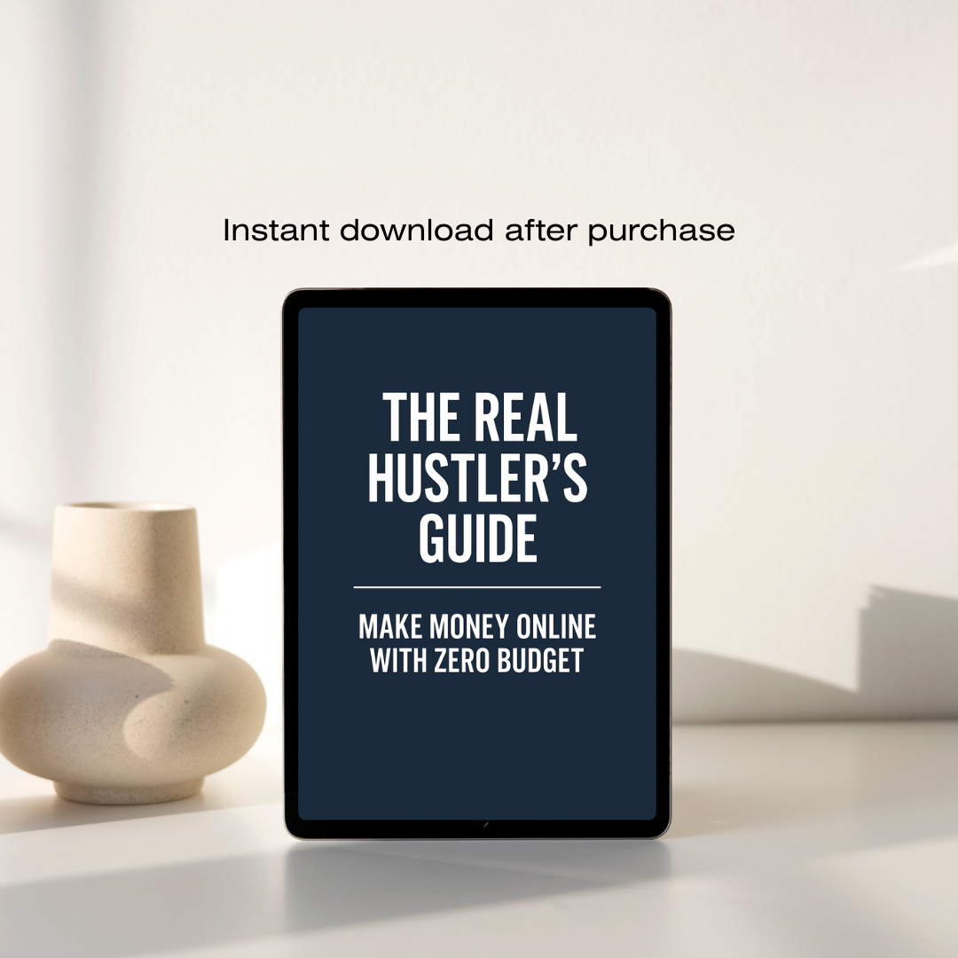 Tablet displaying 'The Real Hustler's Guide' on a white surface with a vase in the background.