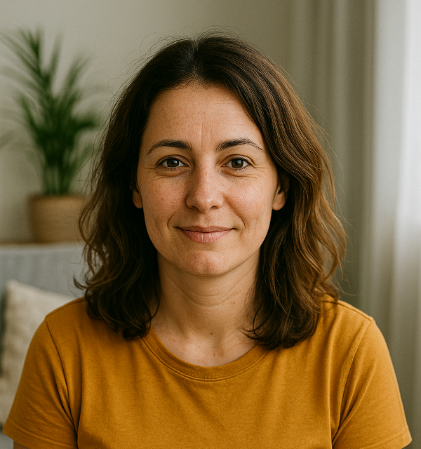 Woman wearing a mustard yellow shirt indoors with a neutral background